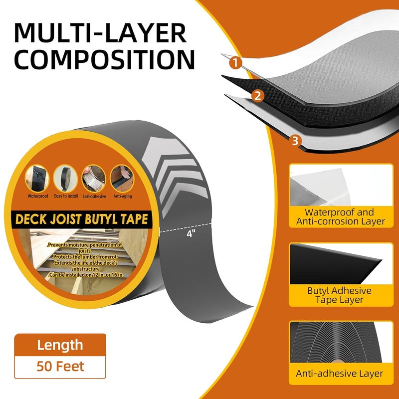 JOAPRIL Deck Joist Tape 4" x 50', Butyl Joist Tape for decking, Waterproof and Anti-Corrosion Deck Joist Flashing Tape for Top of Joists, Rim Joists, Under Joists and Beams-1 Rolls - Image 2